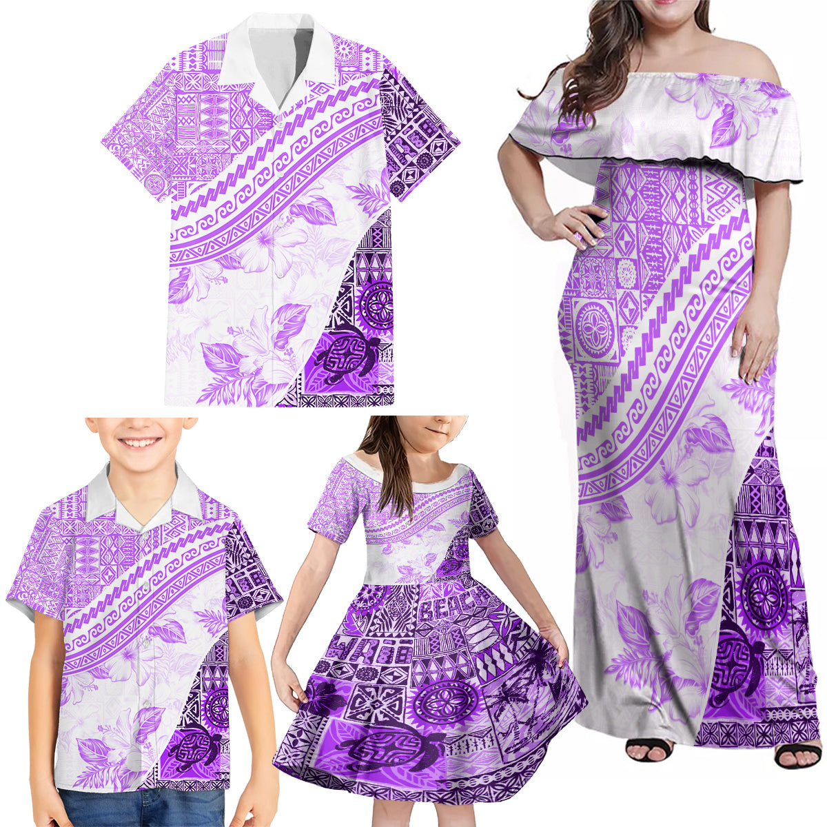 Hawaiian Tapa Family Matching Off Shoulder Maxi Dress and Hawaiian Shirt Traditional Vintage Pattern Violet LT05 - Polynesian Pride