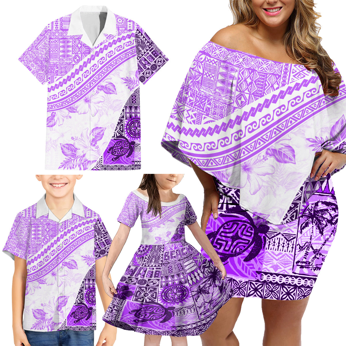 Hawaiian Tapa Family Matching Off Shoulder Short Dress and Hawaiian Shirt Traditional Vintage Pattern Violet LT05 - Polynesian Pride