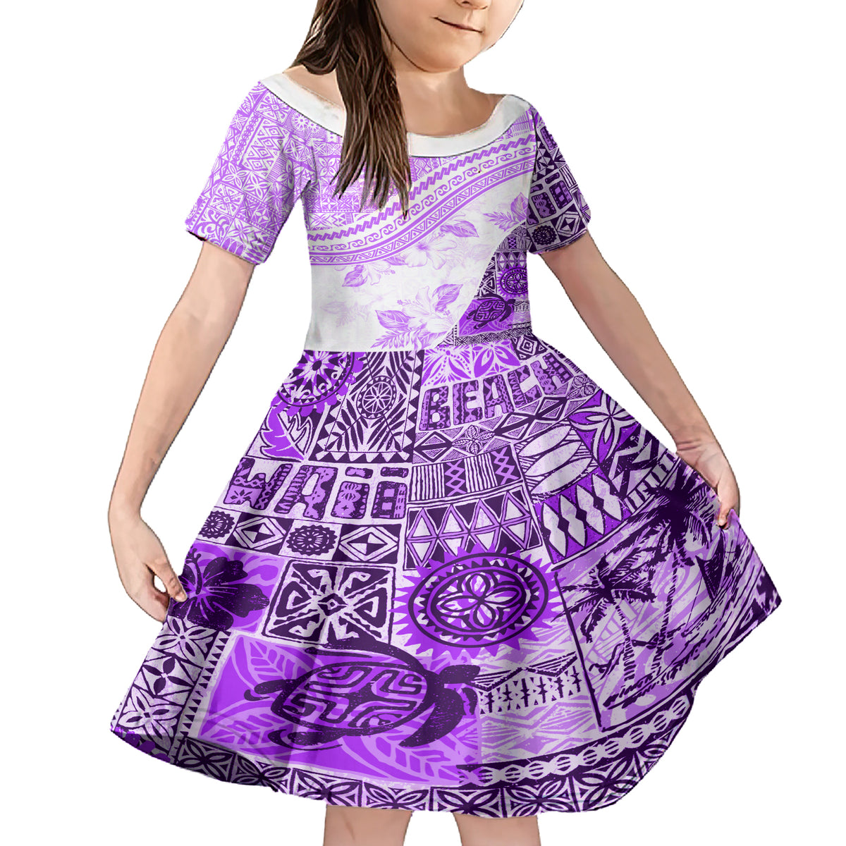 Hawaiian Tapa Family Matching Short Sleeve Bodycon Dress and Hawaiian Shirt Traditional Vintage Pattern Violet LT05 Daughter's Dress Violet - Polynesian Pride
