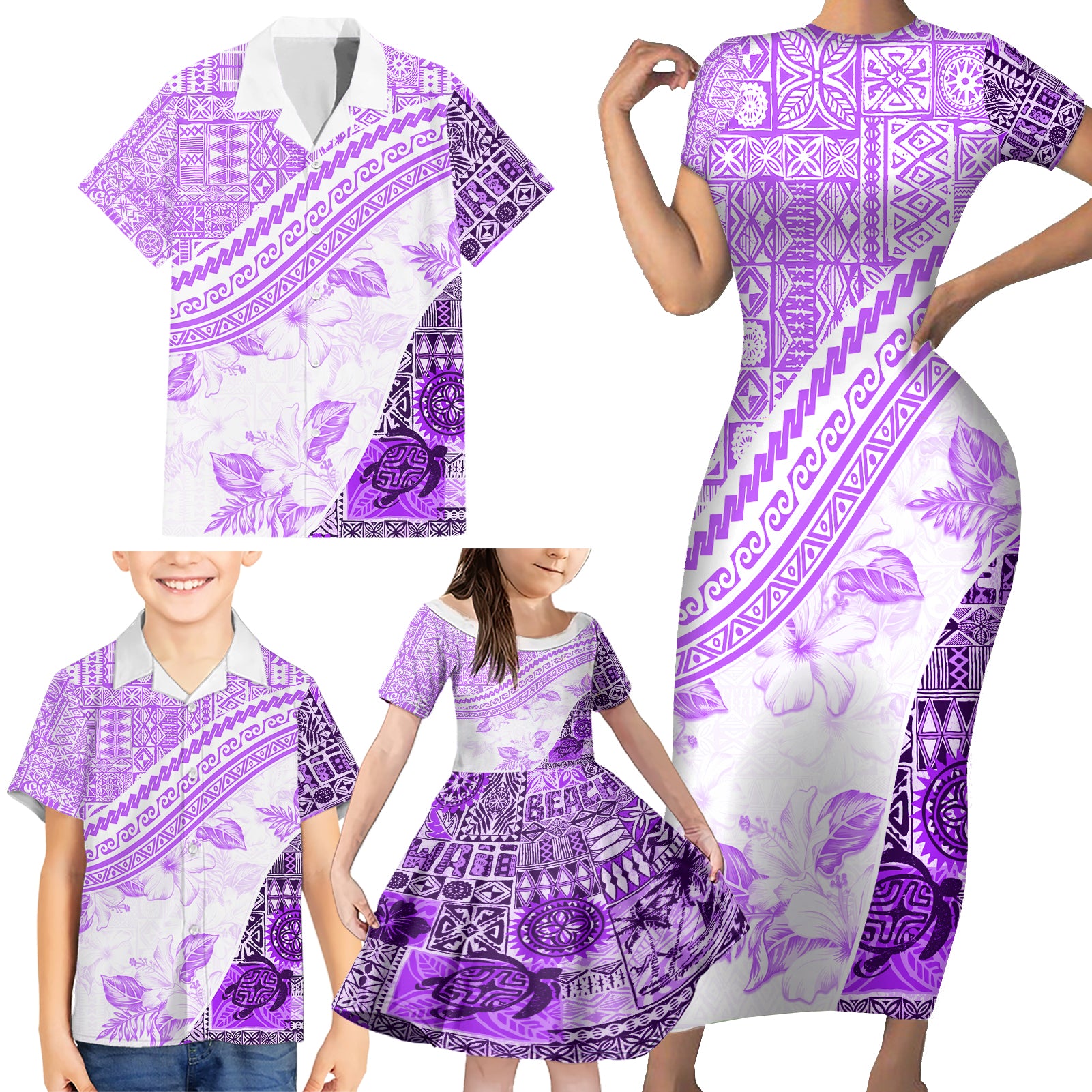 Hawaiian Tapa Family Matching Short Sleeve Bodycon Dress and Hawaiian Shirt Traditional Vintage Pattern Violet LT05 - Polynesian Pride