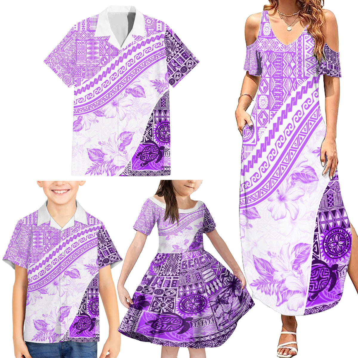 Hawaiian Tapa Family Matching Summer Maxi Dress and Hawaiian Shirt Traditional Vintage Pattern Violet LT05 - Polynesian Pride