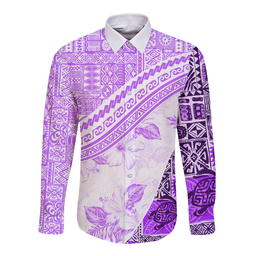 Hawaiian Tapa Long Sleeve Button Shirt Traditional Vintage Pattern Violet LT05 Unisex Violet - Polynesian Pride