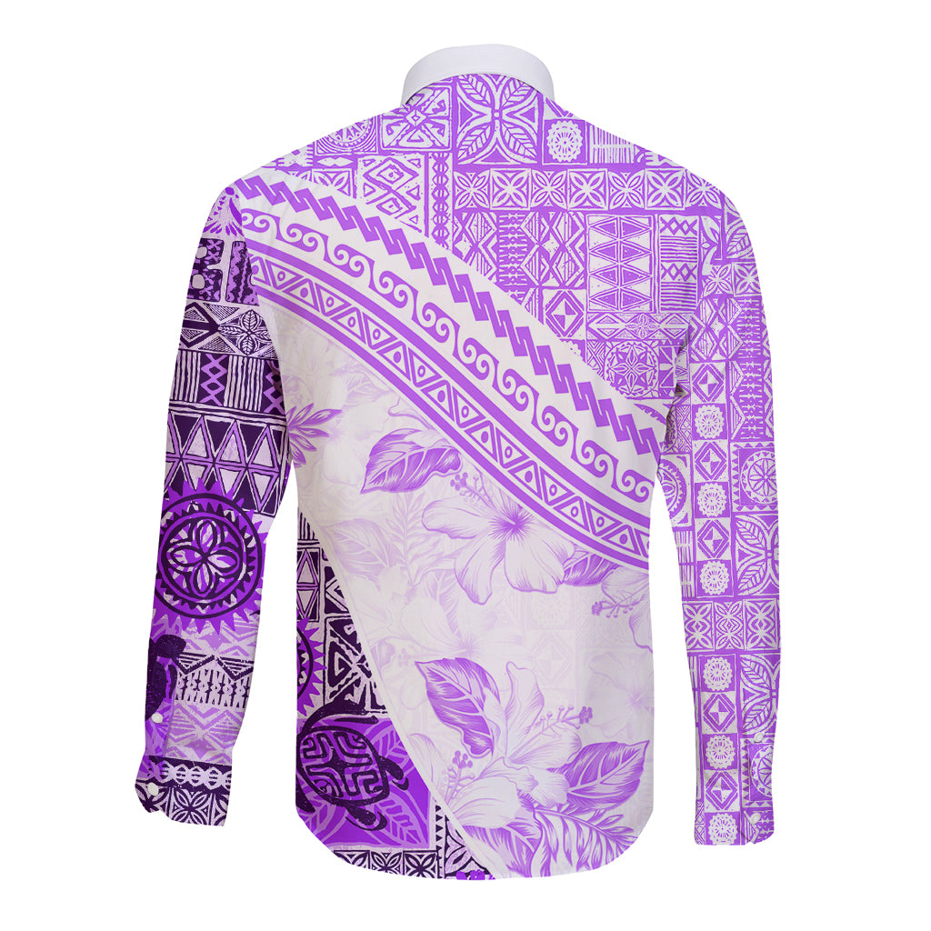 Hawaiian Tapa Long Sleeve Button Shirt Traditional Vintage Pattern Violet LT05 - Polynesian Pride