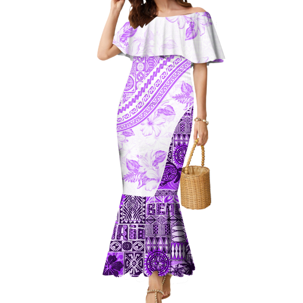 Hawaiian Tapa Mermaid Dress Traditional Vintage Pattern Violet LT05 Women Violet - Polynesian Pride