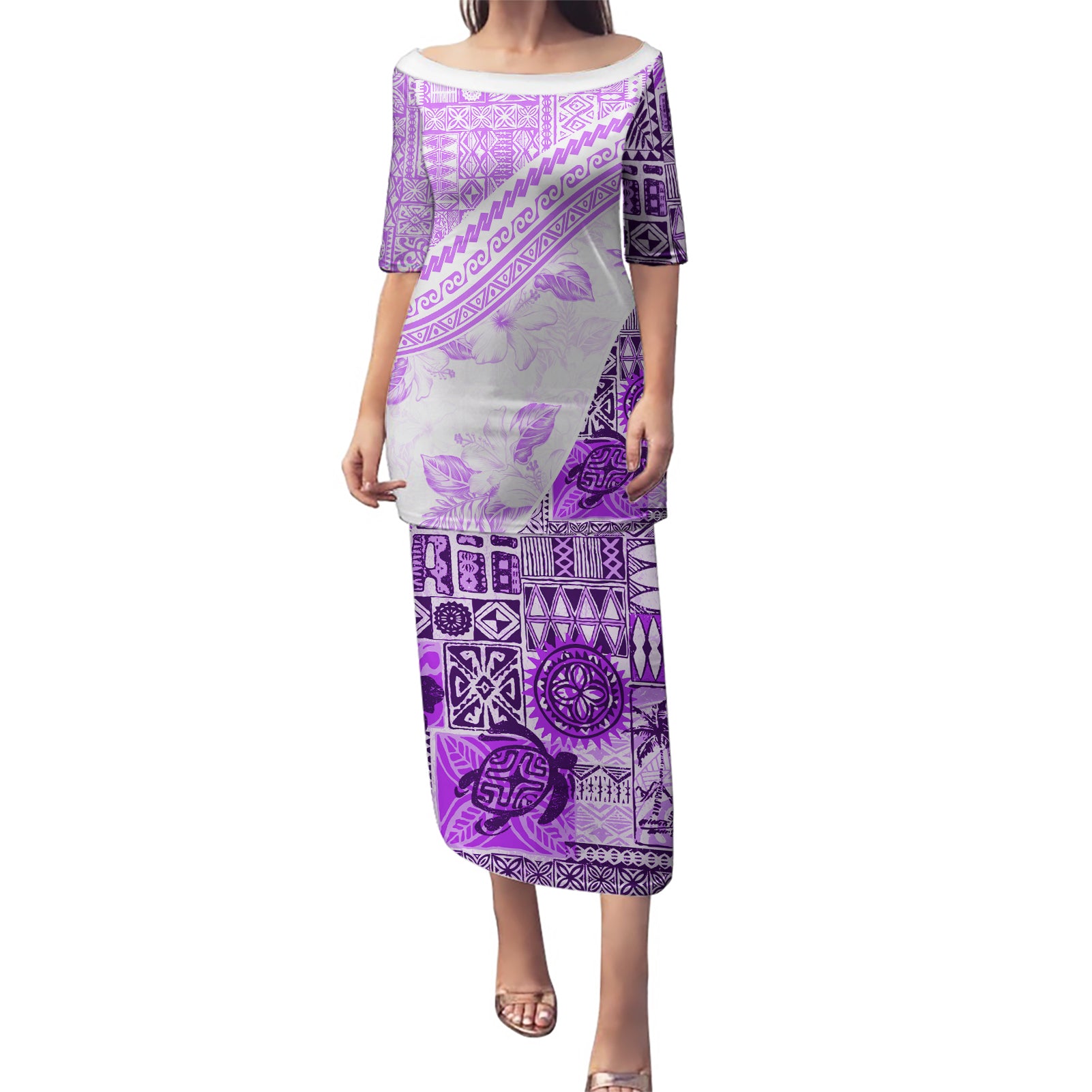 Hawaiian Tapa Puletasi Traditional Vintage Pattern Violet LT05 Long Dress Violet - Polynesian Pride