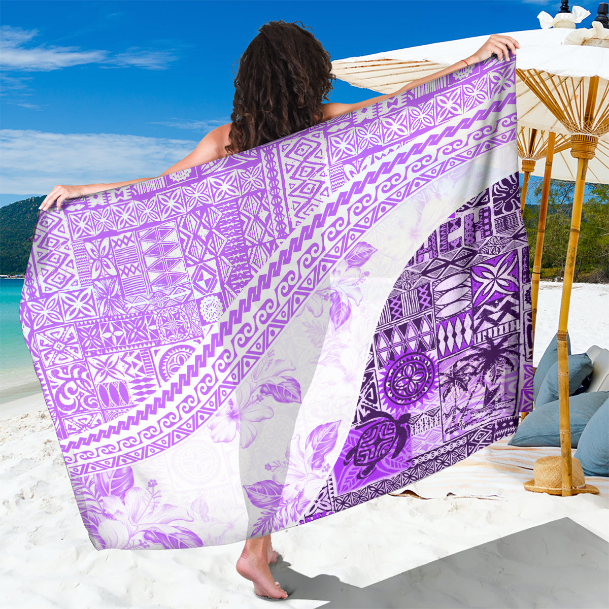 Hawaiian Tapa Sarong Traditional Vintage Pattern Violet LT05 One Size 44 x 66 inches Violet - Polynesian Pride