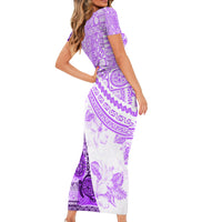 Hawaiian Tapa Short Sleeve Bodycon Dress Traditional Vintage Pattern Violet LT05 - Polynesian Pride