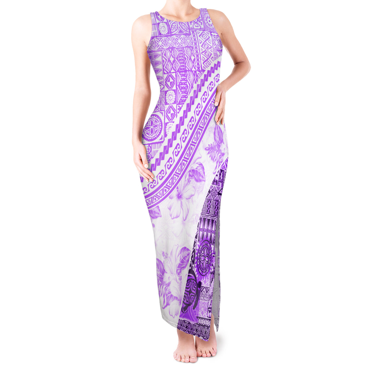 Hawaiian Tapa Tank Maxi Dress Traditional Vintage Pattern Violet LT05 Women Violet - Polynesian Pride