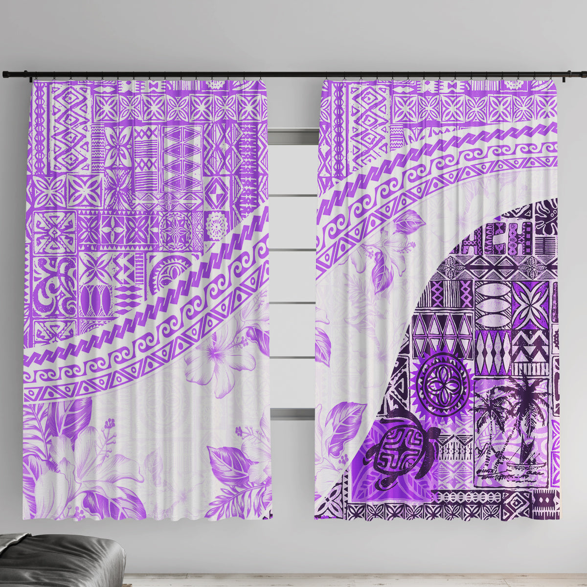 Hawaiian Tapa Window Curtain Traditional Vintage Pattern Violet LT05 With Hooks Violet - Polynesian Pride