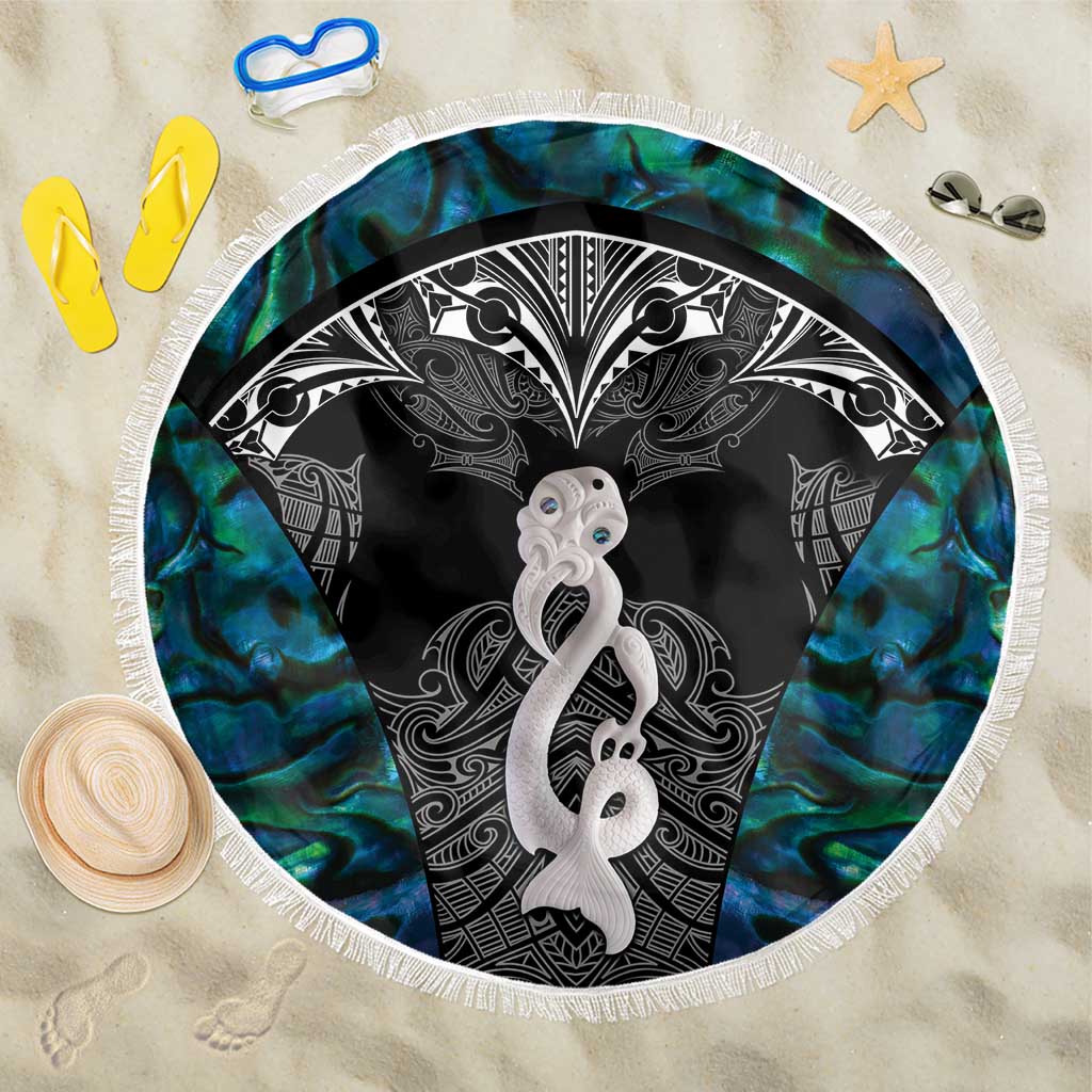New Zealand Aotearoa Beach Blanket Maori Taniwha Paua Shell LT05 One Size 150cm Black - Polynesian Pride