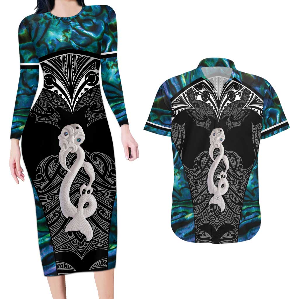 New Zealand Aotearoa Couples Matching Long Sleeve Bodycon Dress and Hawaiian Shirt Maori Taniwha Paua Shell