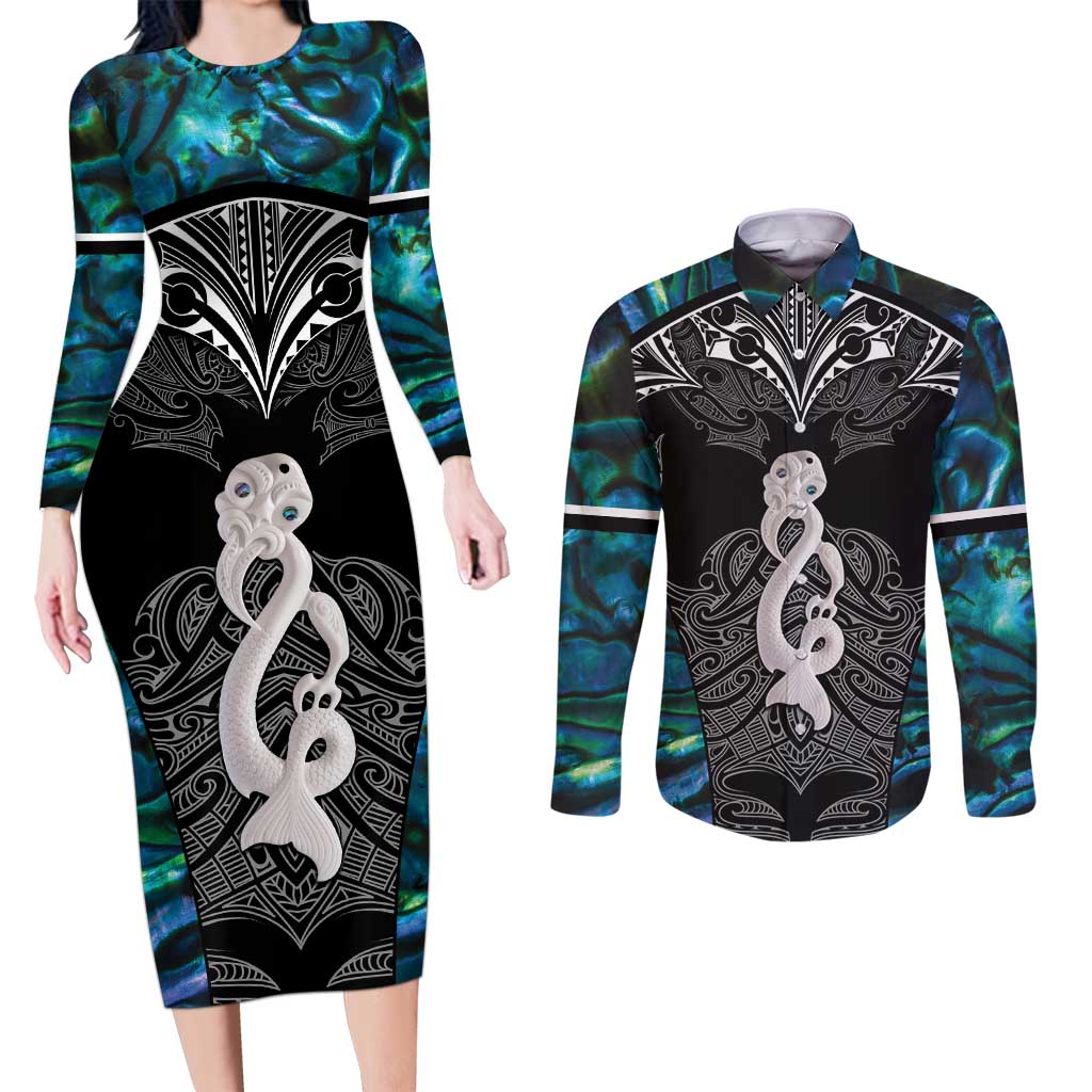 New Zealand Aotearoa Couples Matching Long Sleeve Bodycon Dress and Long Sleeve Button Shirt Maori Taniwha Paua Shell LT05 Black - Polynesian Pride