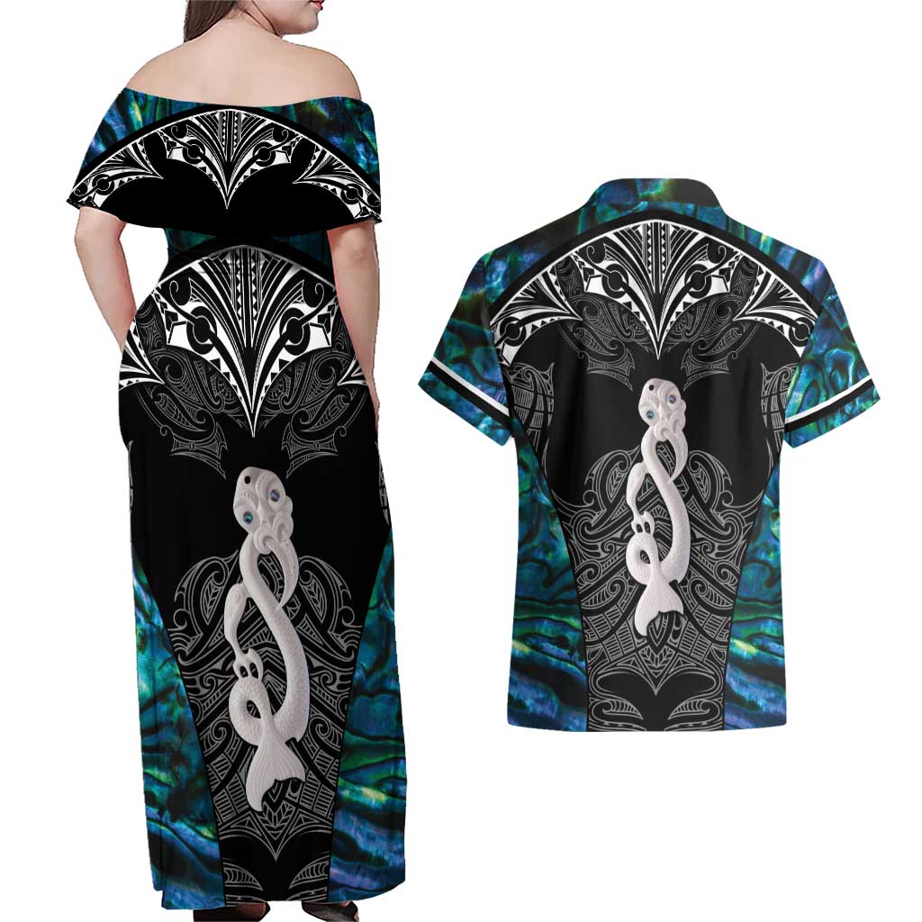 New Zealand Aotearoa Couples Matching Off Shoulder Maxi Dress and Hawaiian Shirt Maori Taniwha Paua Shell