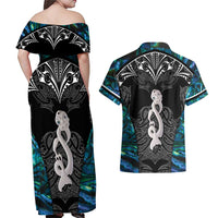 New Zealand Aotearoa Couples Matching Off Shoulder Maxi Dress and Hawaiian Shirt Maori Taniwha Paua Shell