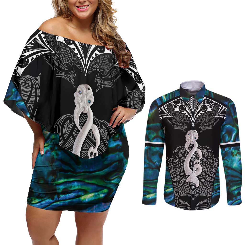 New Zealand Aotearoa Couples Matching Off Shoulder Short Dress and Long Sleeve Button Shirt Maori Taniwha Paua Shell LT05 Black - Polynesian Pride
