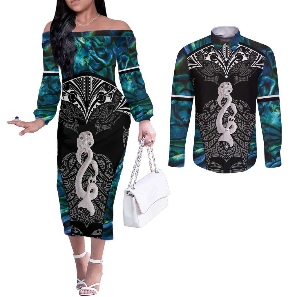 New Zealand Aotearoa Couples Matching Off The Shoulder Long Sleeve Dress and Long Sleeve Button Shirt Maori Taniwha Paua Shell LT05 Black - Polynesian Pride