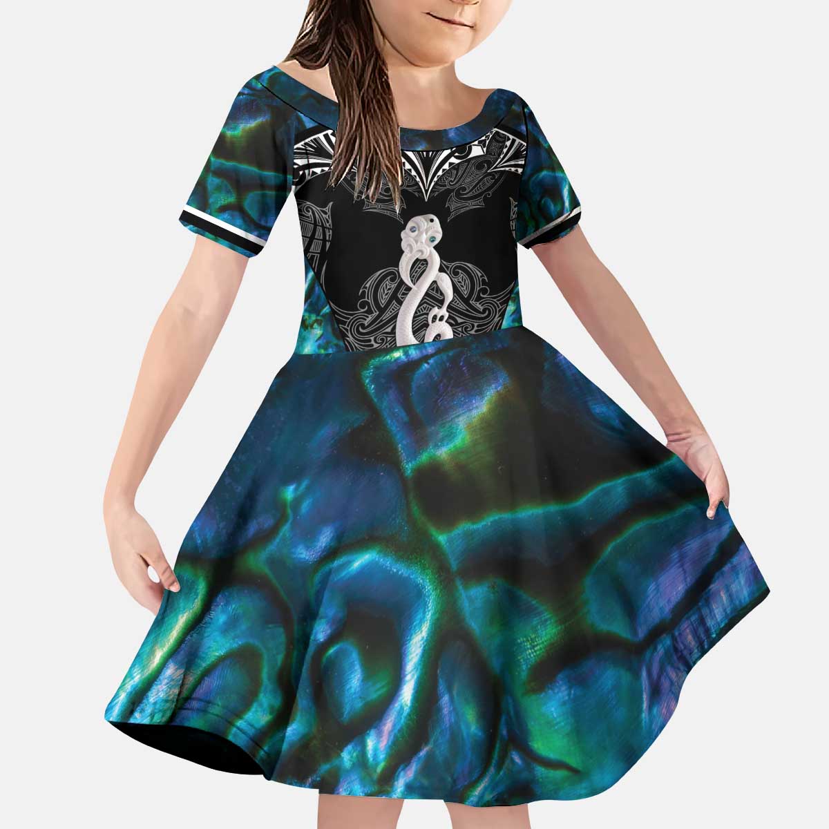 New Zealand Aotearoa Kid Short Sleeve Dress Maori Taniwha Paua Shell