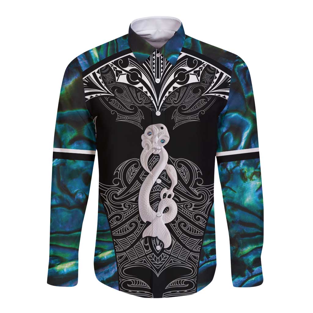 New Zealand Aotearoa Long Sleeve Button Shirt Maori Taniwha Paua Shell