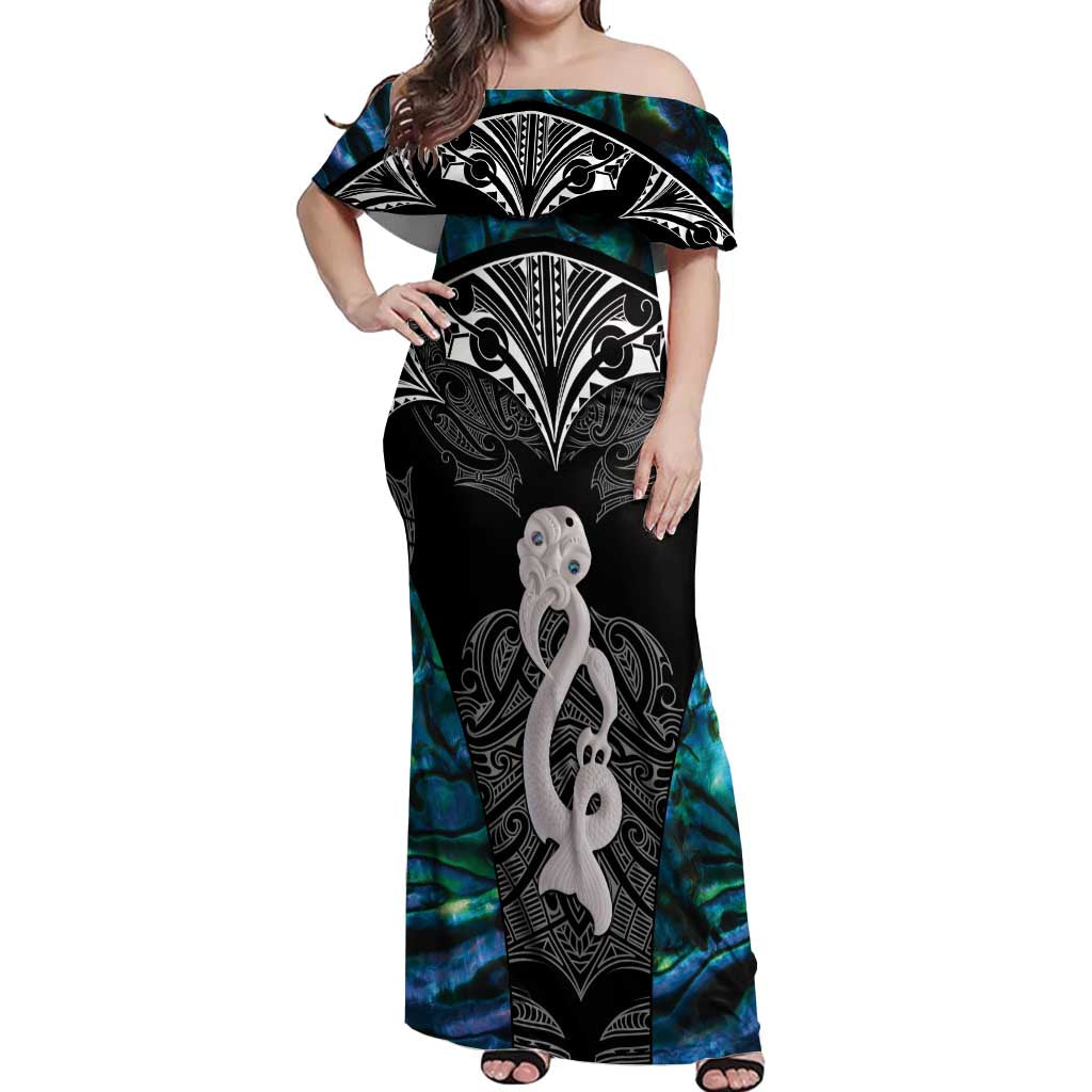 New Zealand Aotearoa Off Shoulder Maxi Dress Maori Taniwha Paua Shell