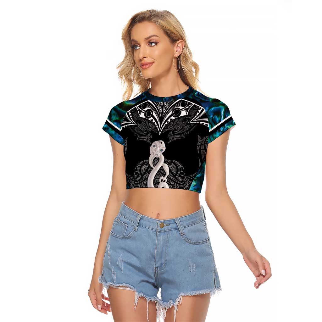New Zealand Aotearoa Raglan Cropped T Shirt Maori Taniwha Paua Shell LT05 Female Black - Polynesian Pride