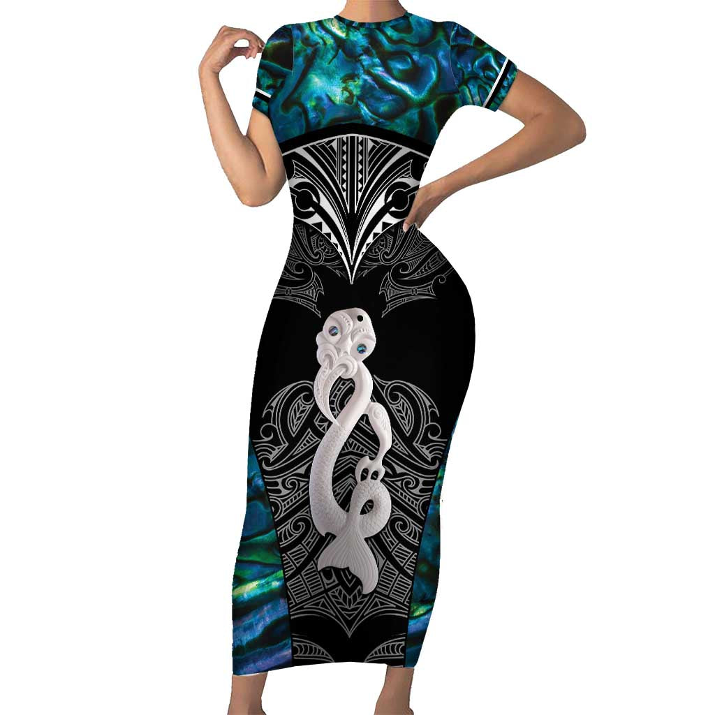 New Zealand Aotearoa Short Sleeve Bodycon Dress Maori Taniwha Paua Shell