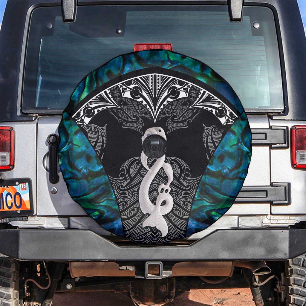 New Zealand Aotearoa Spare Tire Cover Maori Taniwha Paua Shell LT05 Black - Polynesian Pride