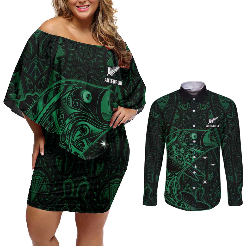 Custom New Zealand Fishing Couples Matching Off Shoulder Short Dress and Long Sleeve Button Shirt Maori Tribal Pattern - Polynesian Pride