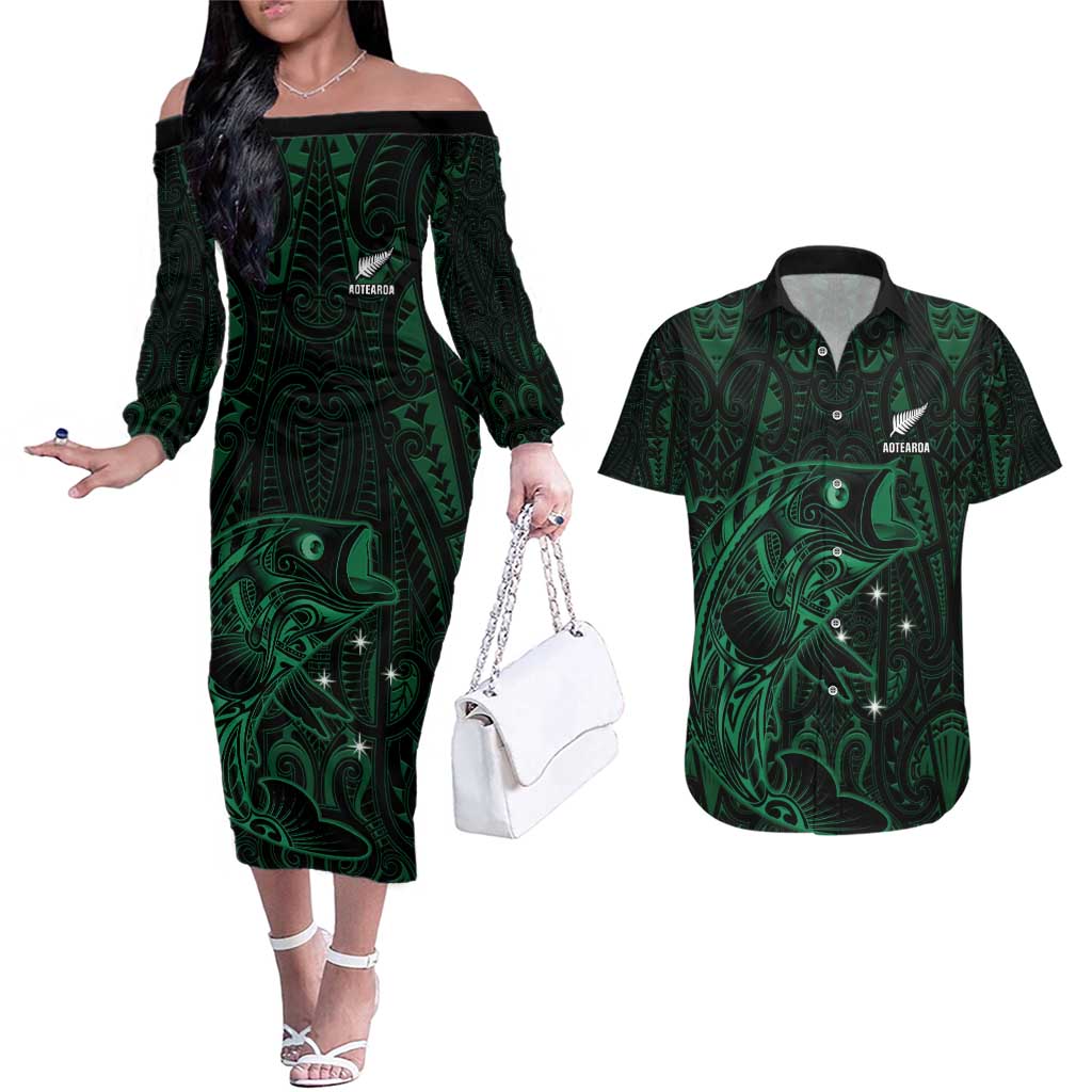 Custom New Zealand Fishing Couples Matching Off The Shoulder Long Sleeve Dress and Hawaiian Shirt Maori Tribal Pattern - Polynesian Pride