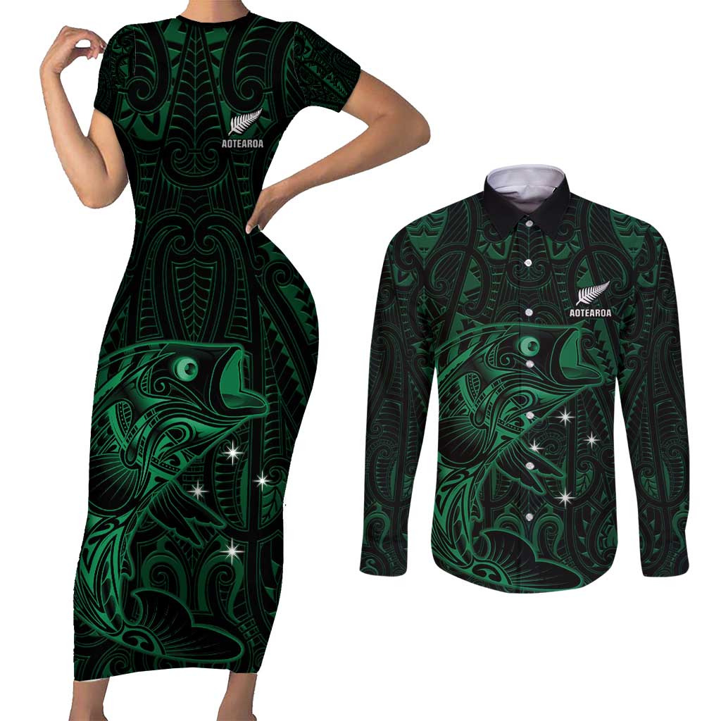 Custom New Zealand Fishing Couples Matching Short Sleeve Bodycon Dress and Long Sleeve Button Shirt Maori Tribal Pattern - Polynesian Pride