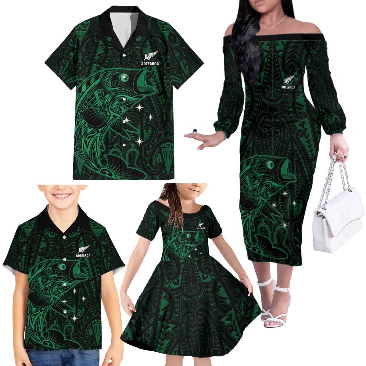 Custom New Zealand Fishing Family Matching Off The Shoulder Long Sleeve Dress and Hawaiian Shirt Maori Tribal Pattern - Polynesian Pride