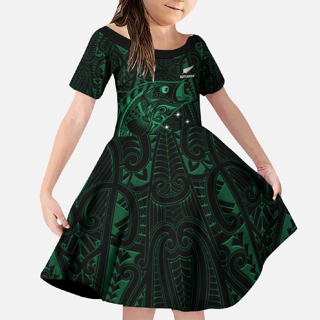 Custom New Zealand Fishing Family Matching Short Sleeve Bodycon Dress and Hawaiian Shirt Maori Tribal Pattern - Polynesian Pride