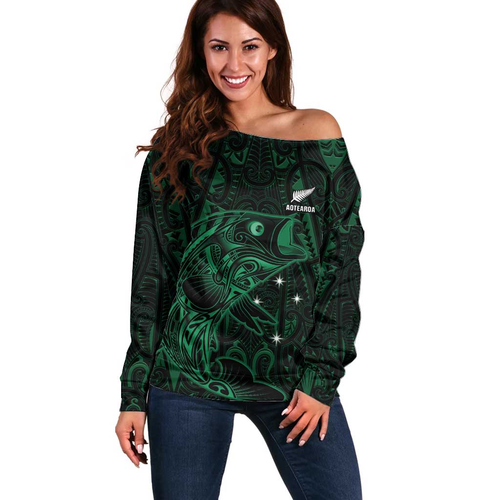 Custom New Zealand Fishing Off Shoulder Sweater Maori Tribal Pattern - Polynesian Pride