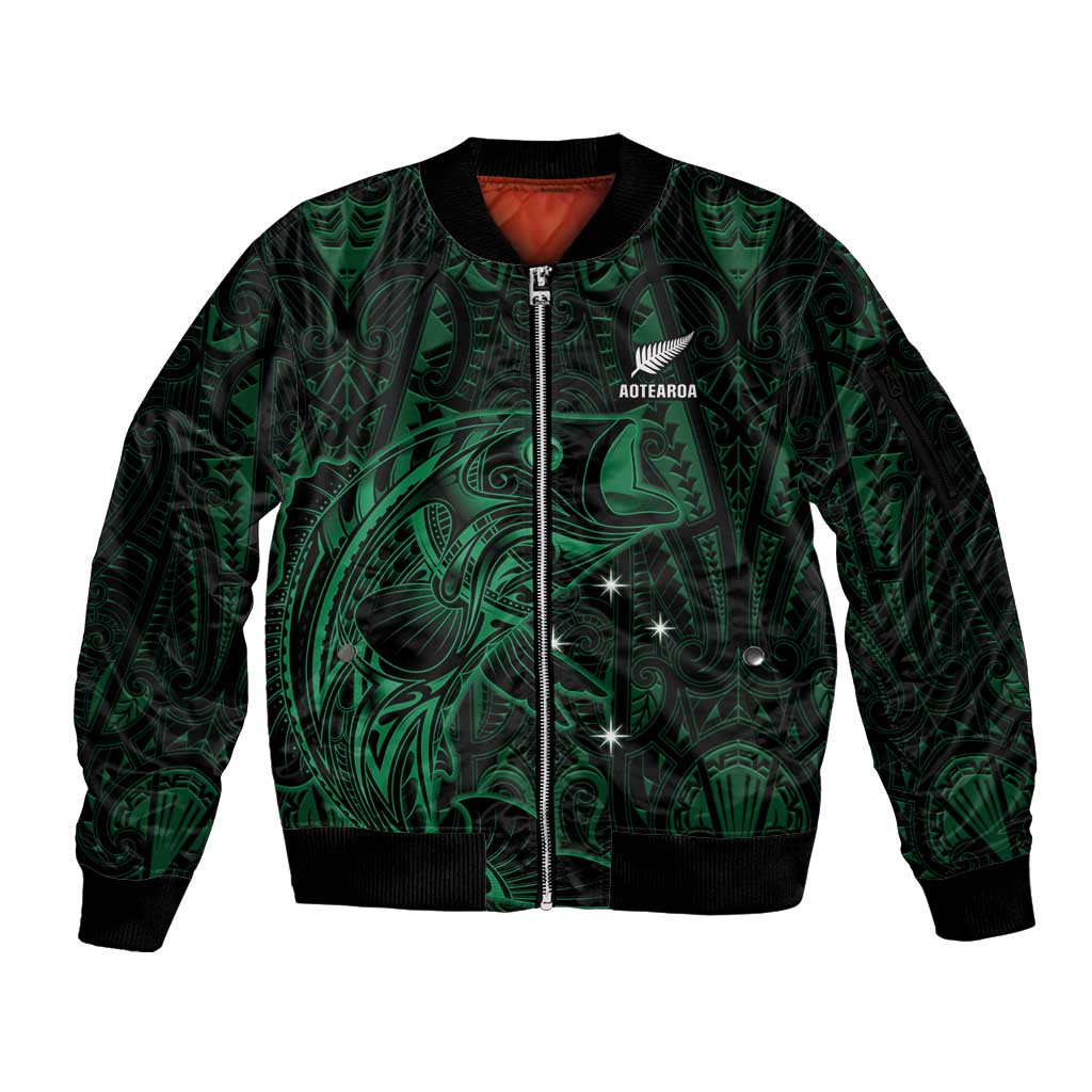 Custom New Zealand Fishing Sleeve Zip Bomber Jacket Maori Tribal Pattern - Polynesian Pride