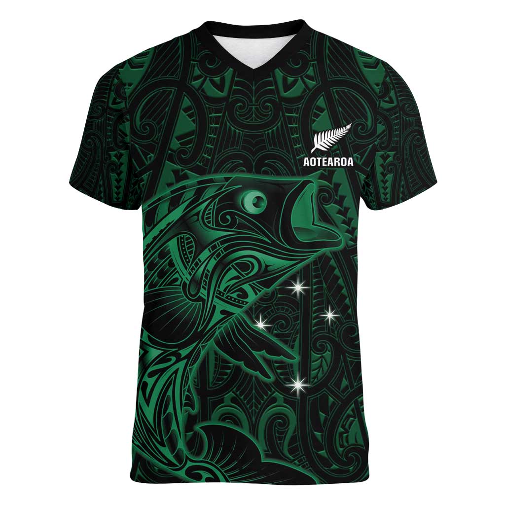 Custom New Zealand Fishing Women V-Neck T-Shirt Maori Tribal Pattern - Polynesian Pride