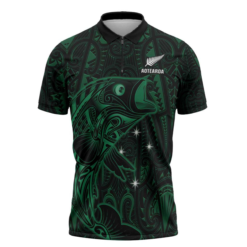 Custom New Zealand Fishing Zipper Polo Shirt Maori Tribal Pattern - Polynesian Pride