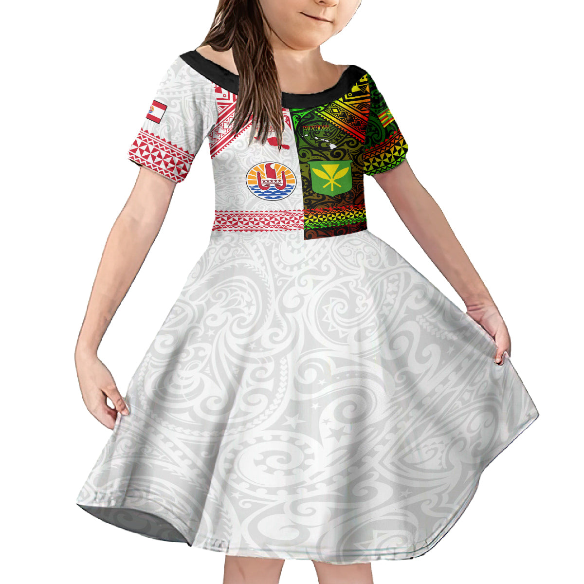 Custom Hawaii And Tahiti Family Matching Long Sleeve Bodycon Dress and Hawaiian Shirt Coat Of Arms Polynesian Pattern LT05 Daughter's Dress Reggae - Polynesian Pride