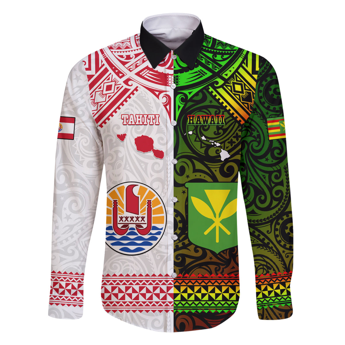 Custom Hawaii And Tahiti Family Matching Long Sleeve Bodycon Dress and Hawaiian Shirt Coat Of Arms Polynesian Pattern LT05 Dad's Shirt - Long Sleeve Reggae - Polynesian Pride