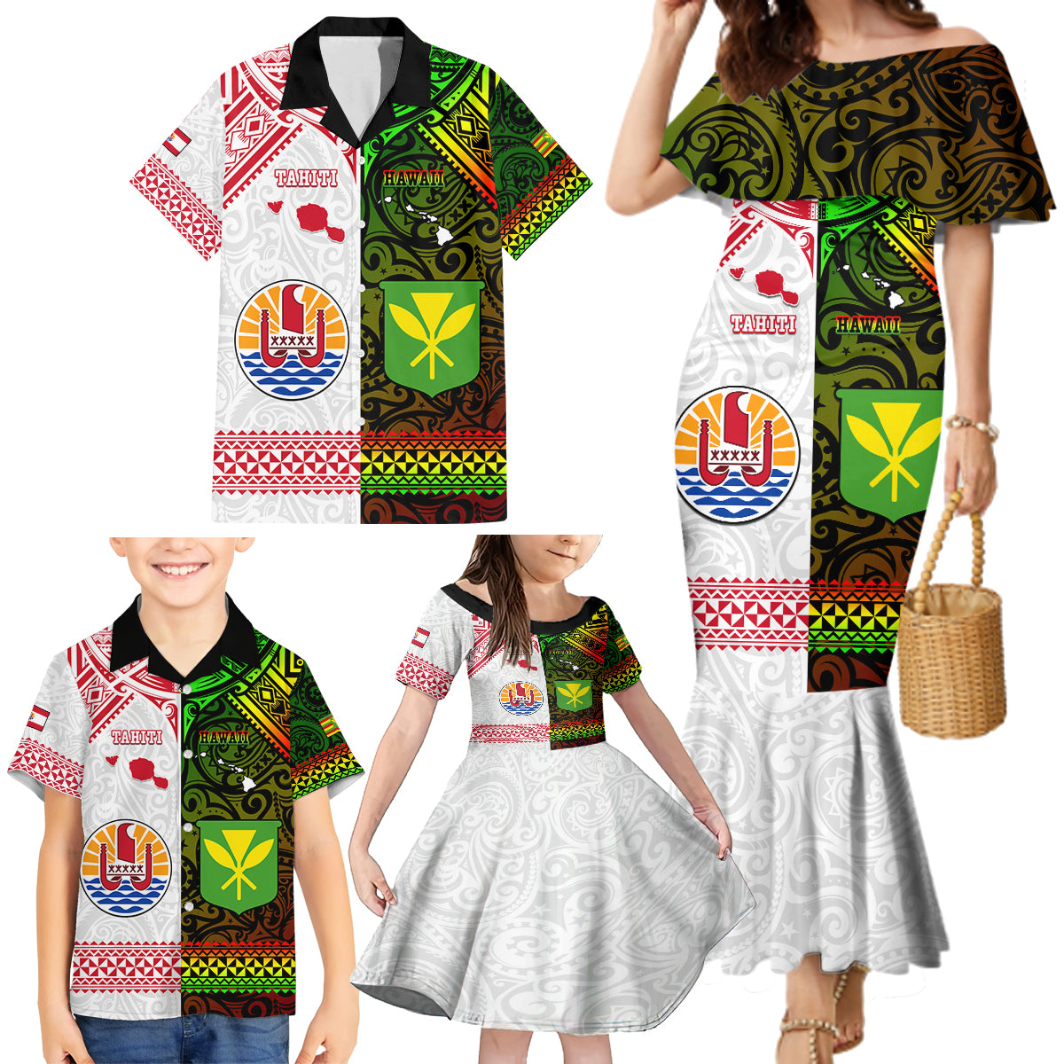 Custom Hawaii And Tahiti Family Matching Mermaid Dress and Hawaiian Shirt Coat Of Arms Polynesian Pattern LT05 - Polynesian Pride