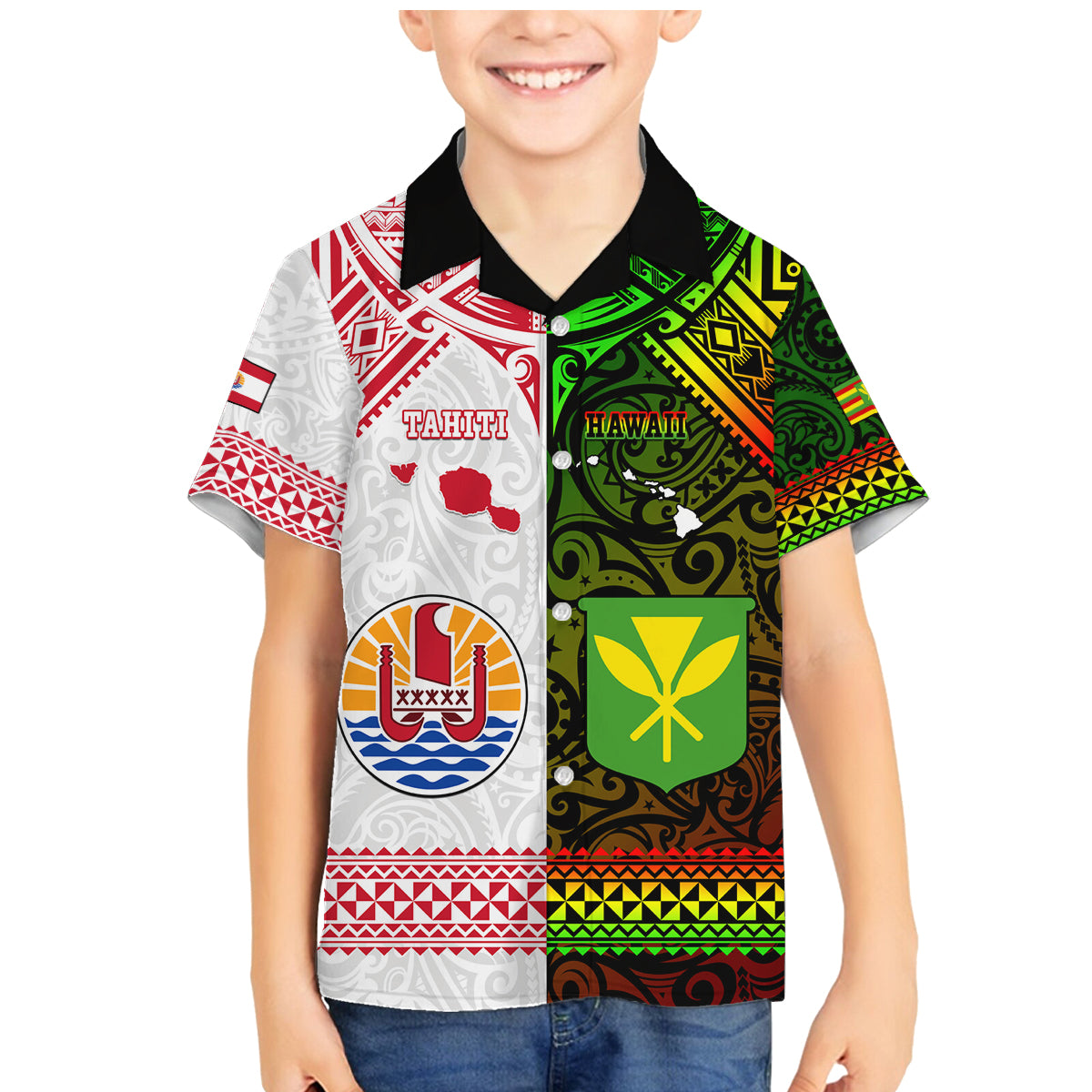 Custom Hawaii And Tahiti Family Matching Mermaid Dress and Hawaiian Shirt Coat Of Arms Polynesian Pattern LT05 Son's Shirt Reggae - Polynesian Pride