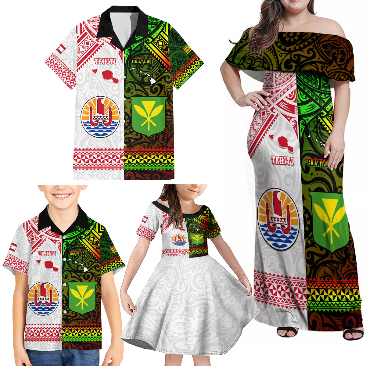 Custom Hawaii And Tahiti Family Matching Off Shoulder Maxi Dress and Hawaiian Shirt Coat Of Arms Polynesian Pattern LT05 - Polynesian Pride