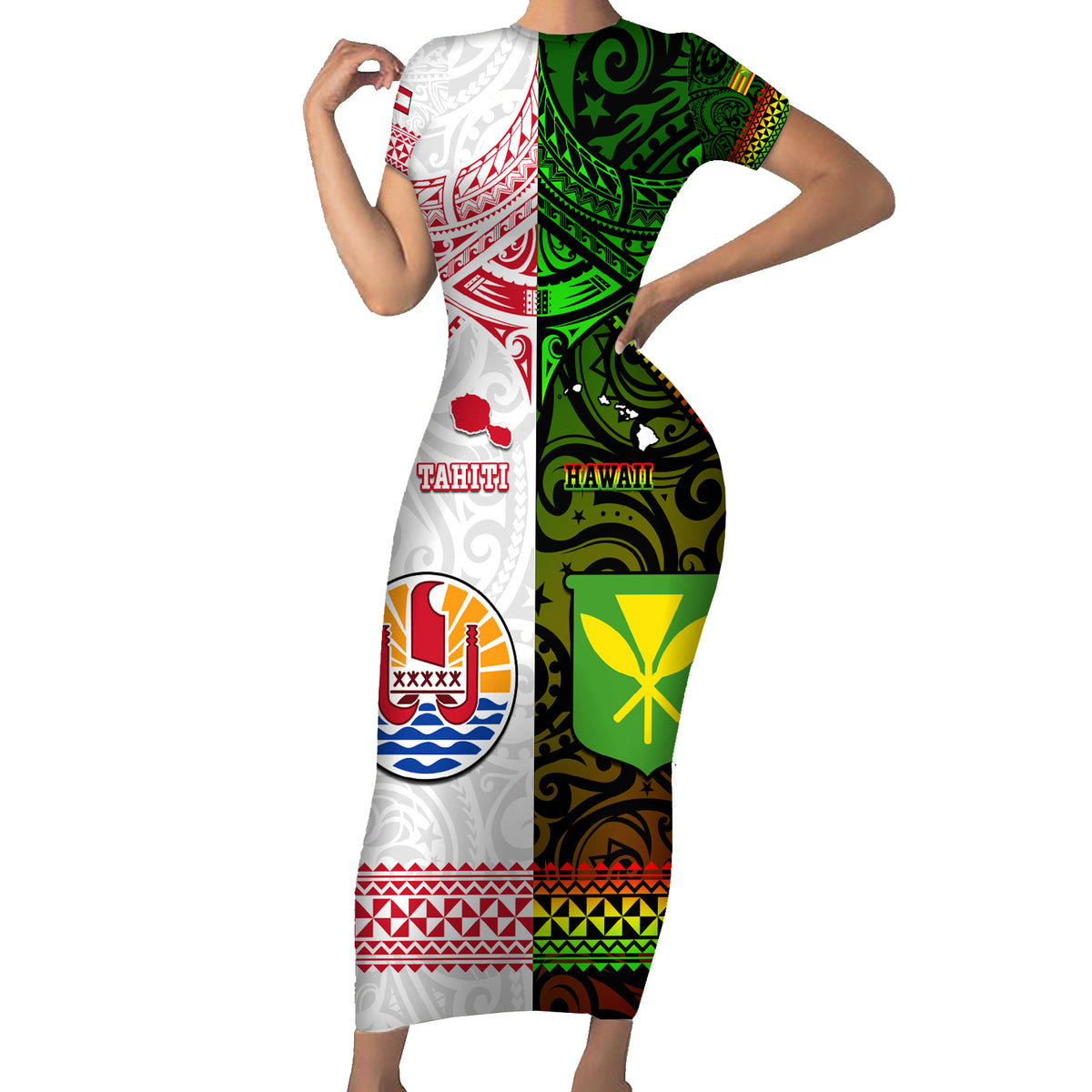Custom Hawaii And Tahiti Family Matching Short Sleeve Bodycon Dress and Hawaiian Shirt Coat Of Arms Polynesian Pattern LT05 Mom's Dress Reggae - Polynesian Pride