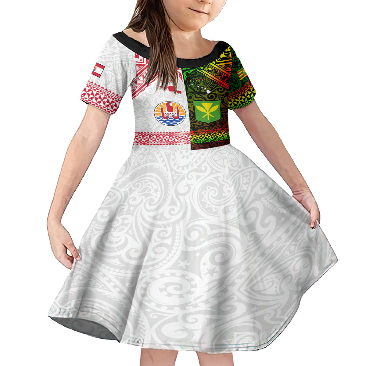 Custom Hawaii And Tahiti Kid Short Sleeve Dress Coat Of Arms Polynesian Pattern LT05 KID Reggae - Polynesian Pride