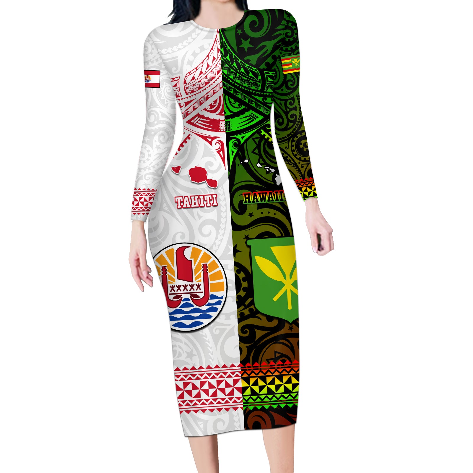 Custom Hawaii And Tahiti Long Sleeve Bodycon Dress Coat Of Arms Polynesian Pattern LT05 Long Dress Reggae - Polynesian Pride