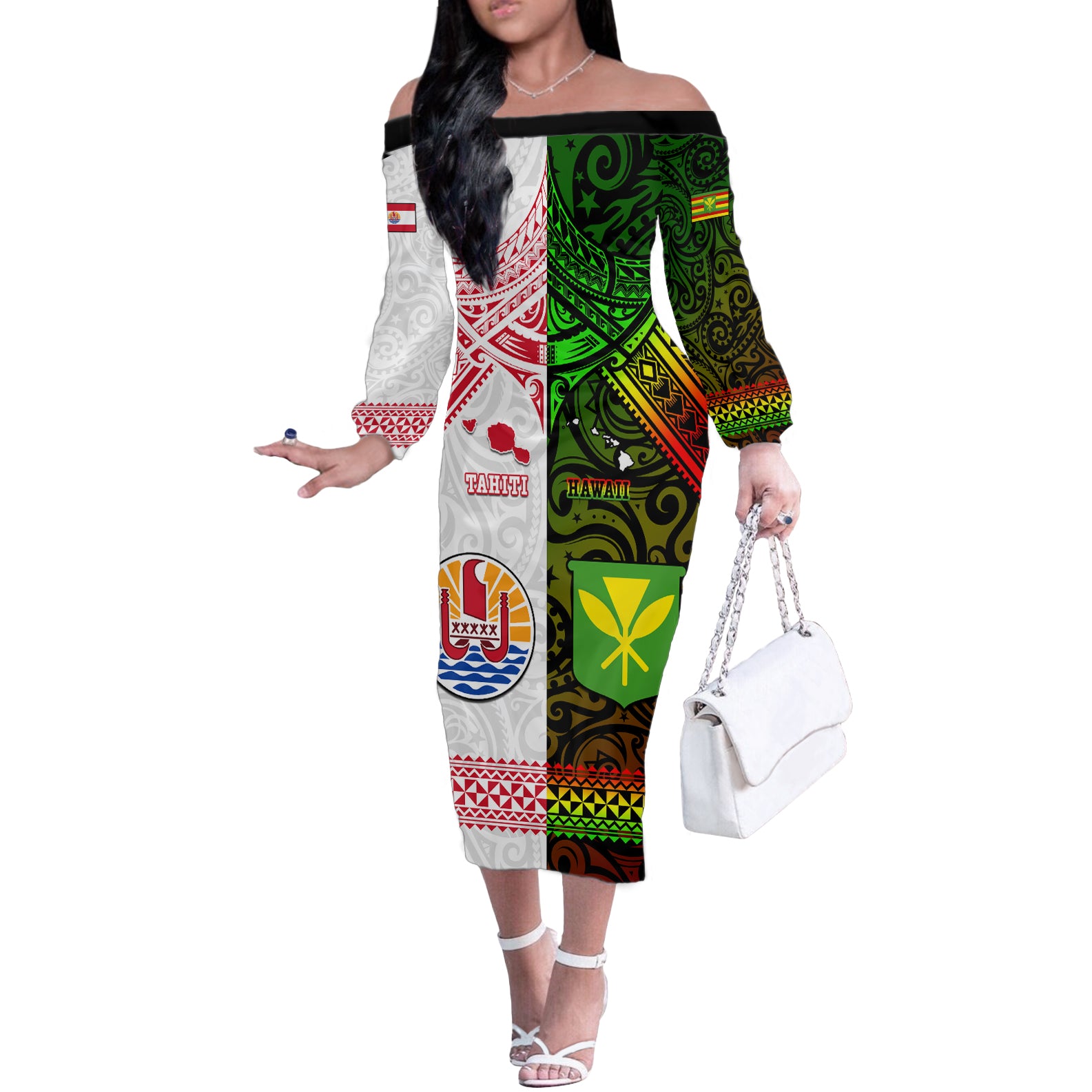 Custom Hawaii And Tahiti Off The Shoulder Long Sleeve Dress Coat Of Arms Polynesian Pattern LT05 Women Reggae - Polynesian Pride