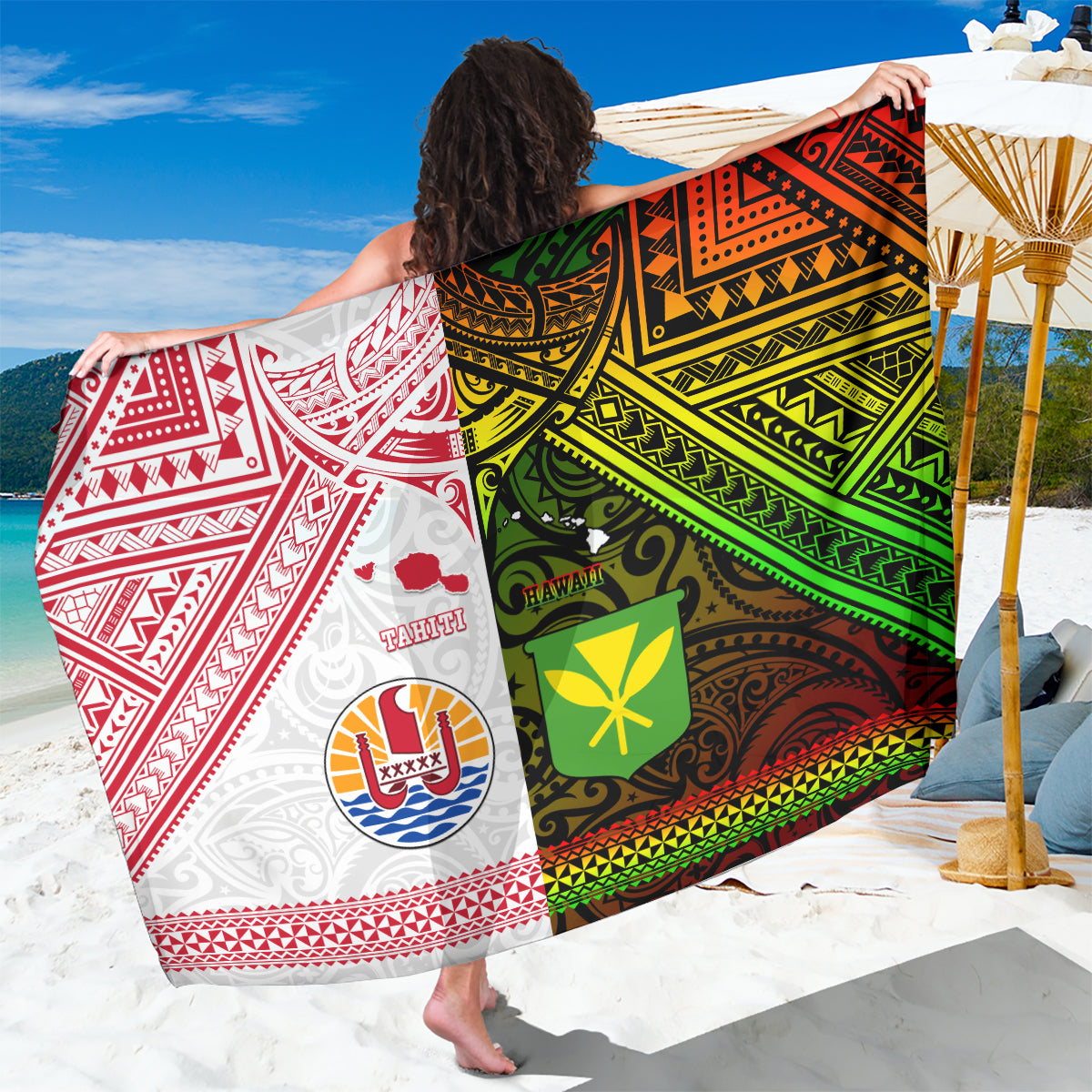 Hawaii And Tahiti Sarong Coat Of Arms Polynesian Pattern LT05 One Size 44 x 66 inches Reggae - Polynesian Pride