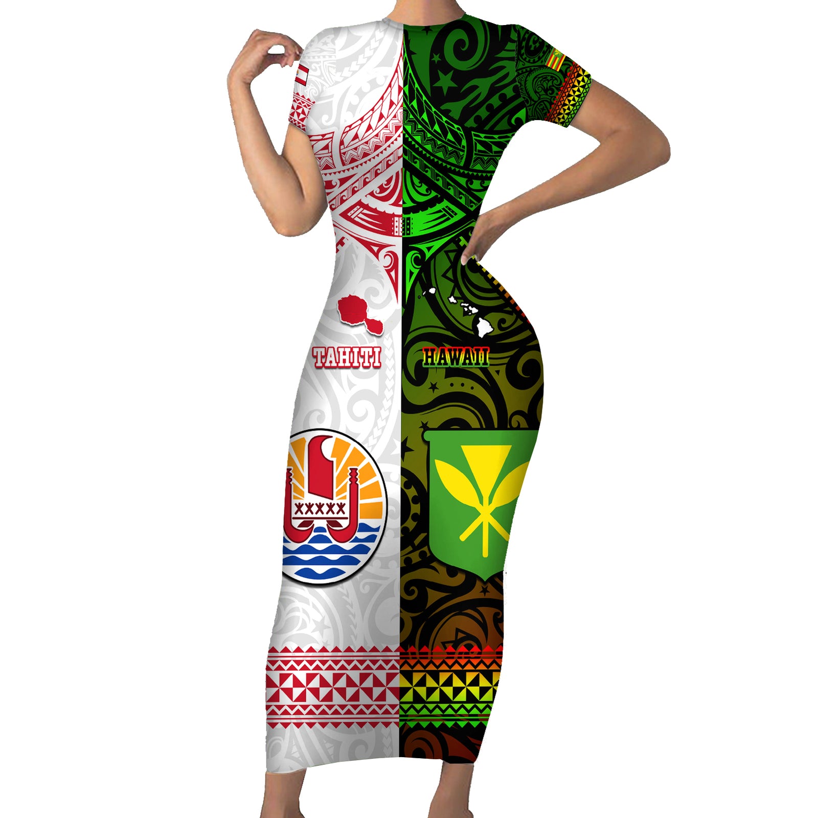 Custom Hawaii And Tahiti Short Sleeve Bodycon Dress Coat Of Arms Polynesian Pattern LT05 Long Dress Reggae - Polynesian Pride