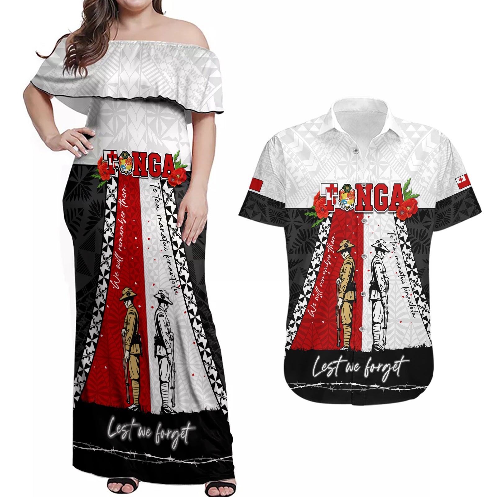 Personalised Tonga ANZAC Day Te Tau Manatui Kinautolu Couples Matching Off Shoulder Maxi Dress and Hawaiian Shirt Lest We Forget LT05 White - Polynesian Pride