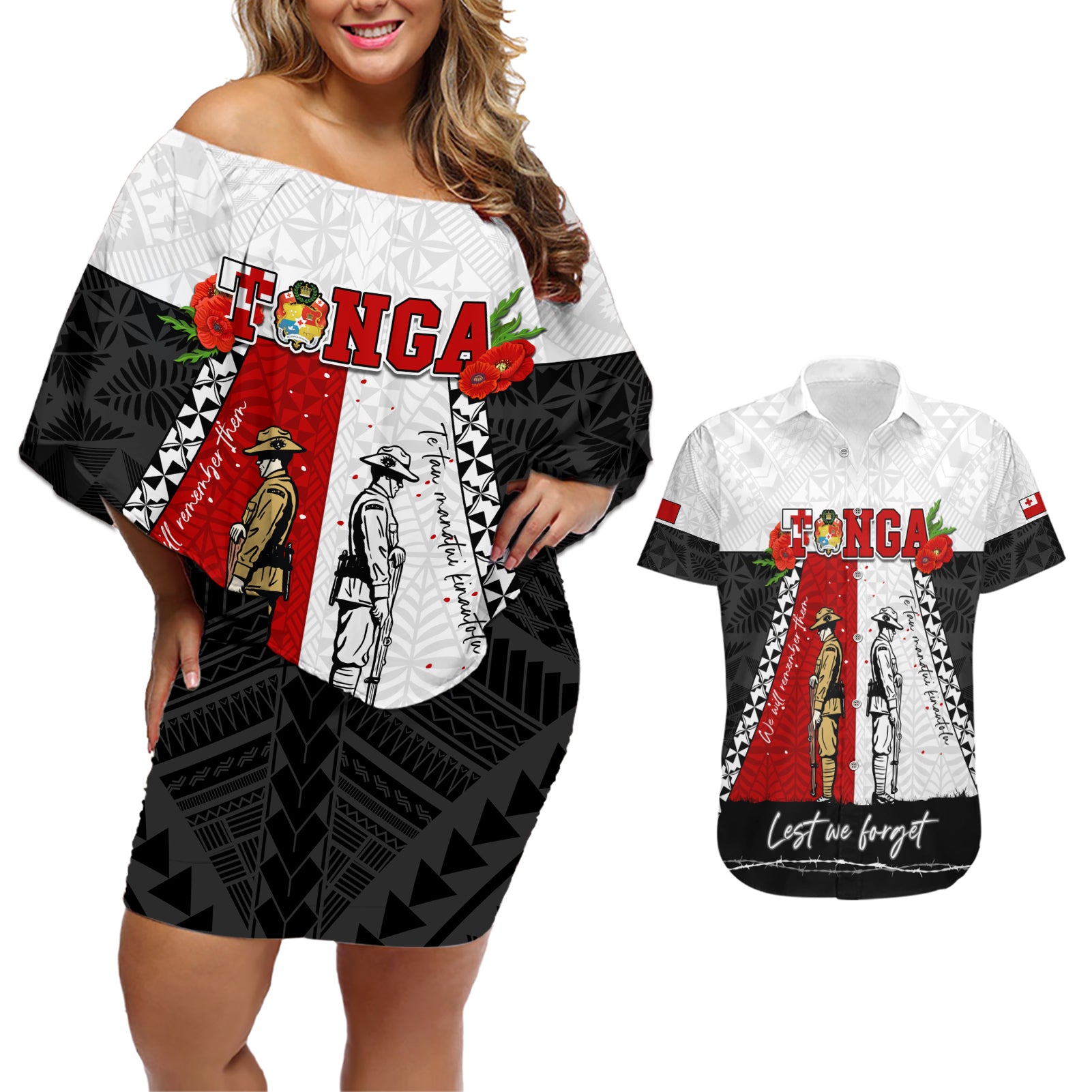 Personalised Tonga ANZAC Day Te Tau Manatui Kinautolu Couples Matching Off Shoulder Short Dress and Hawaiian Shirt Lest We Forget LT05 White - Polynesian Pride