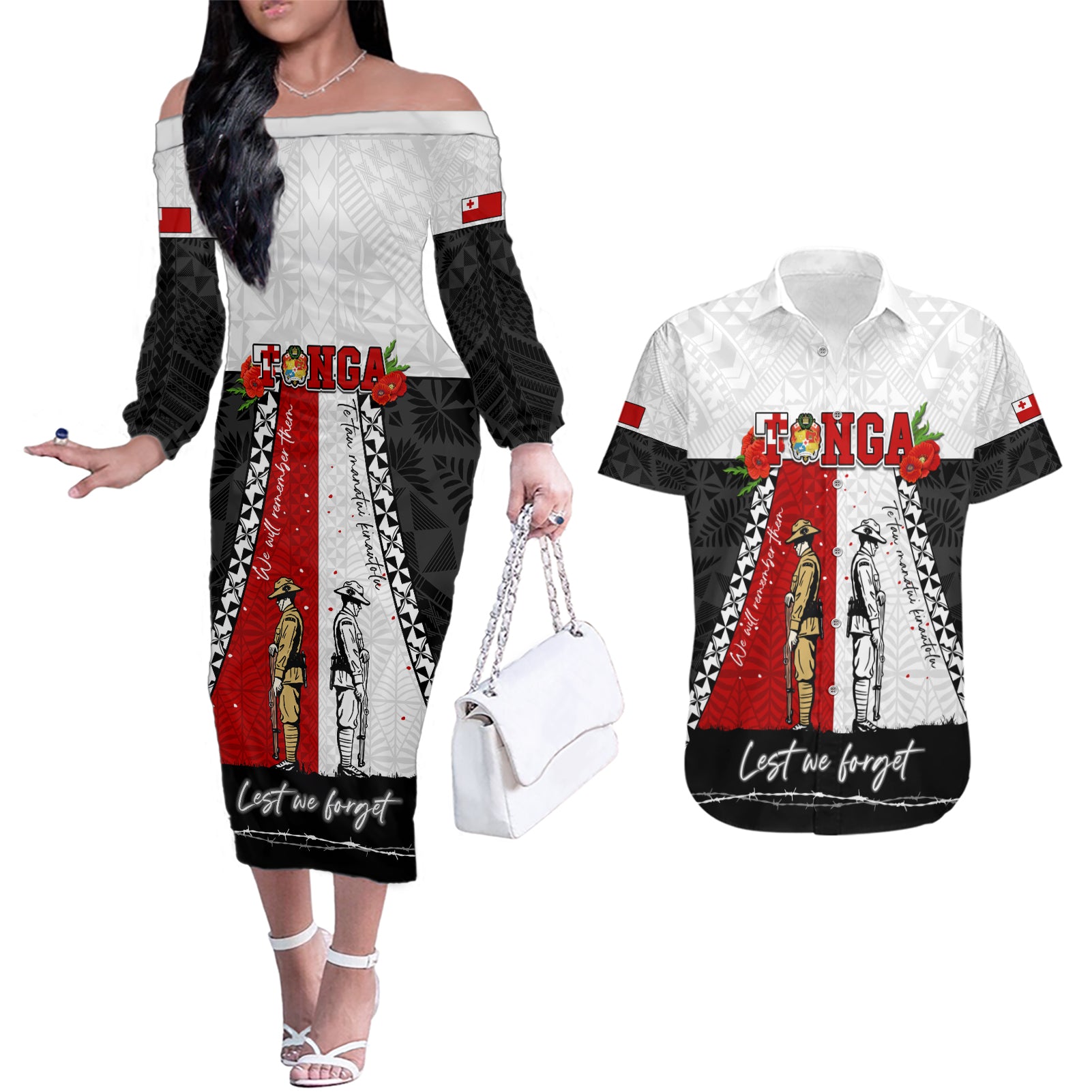 Personalised Tonga ANZAC Day Te Tau Manatui Kinautolu Couples Matching Off The Shoulder Long Sleeve Dress and Hawaiian Shirt Lest We Forget LT05 White - Polynesian Pride