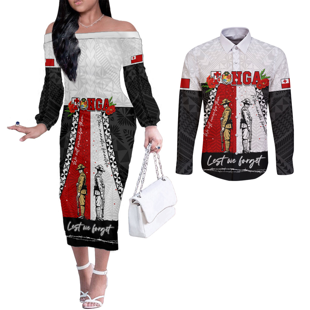 Personalised Tonga ANZAC Day Te Tau Manatui Kinautolu Couples Matching Off The Shoulder Long Sleeve Dress and Long Sleeve Button Shirt Lest We Forget LT05 White - Polynesian Pride